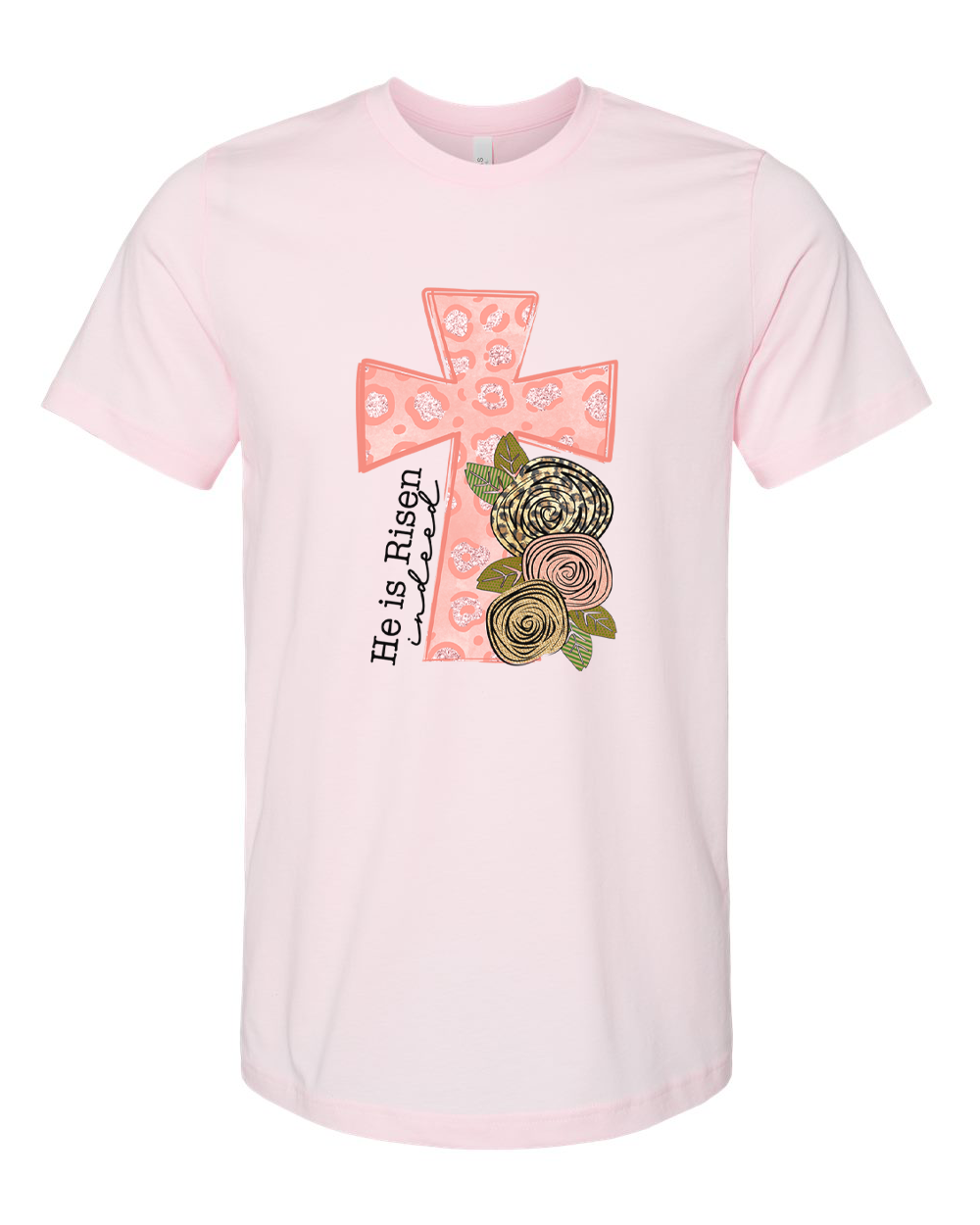 He Is Risen Pink Leopard Cross Easter Tee
